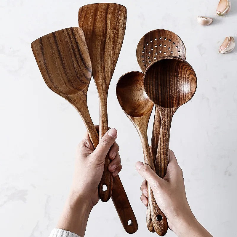 Ensemble d'ustensiles de cuisine 7 pièces en teck - bois naturel, compatibles surfaces antiadhésives, usage quotidien