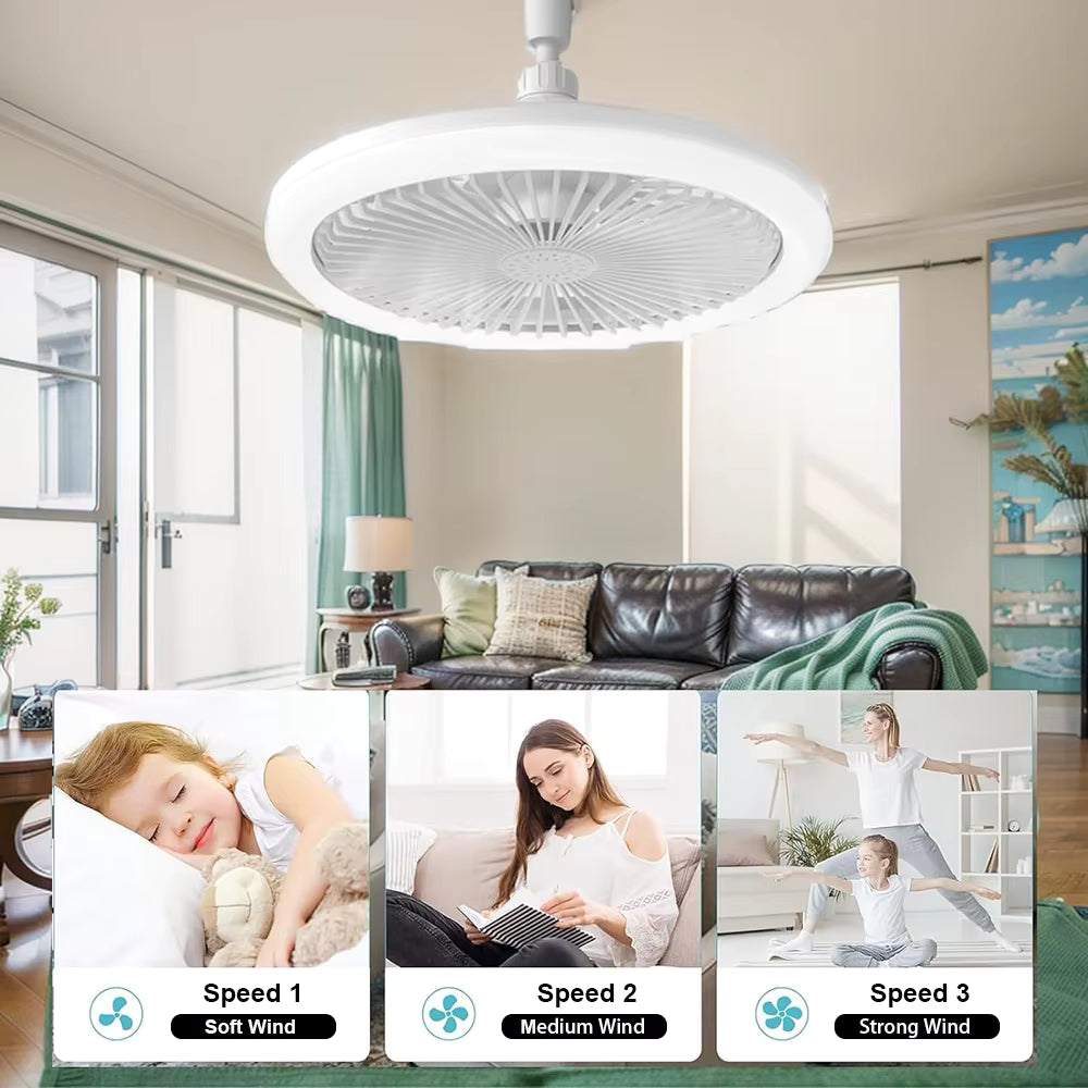 Ventilateur de Plafond LED E27 – Éclairage &amp; Ventilation 2-en-1 avec Télécommande