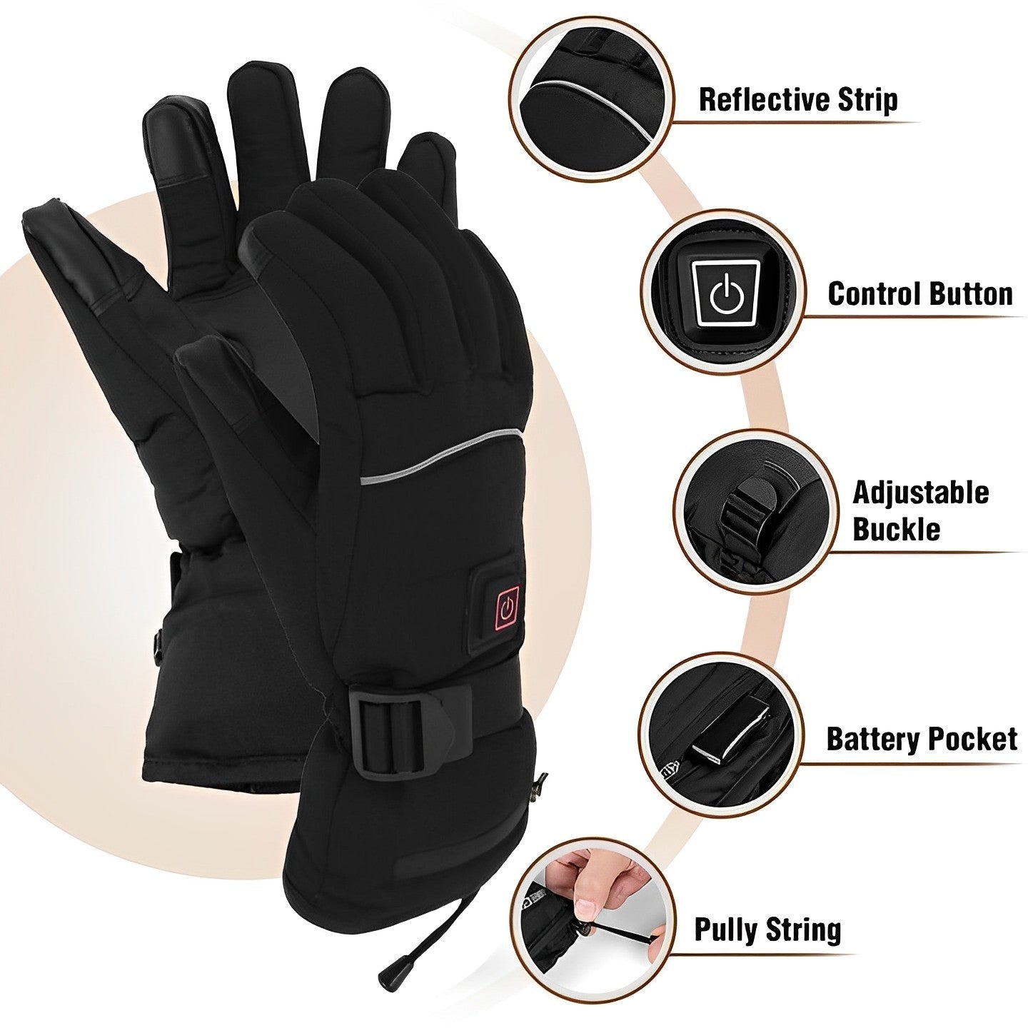 Gants chauffants de ski unisexes imperméables avec batterie USB, 3 niveaux de chaleur et paume antidérapante