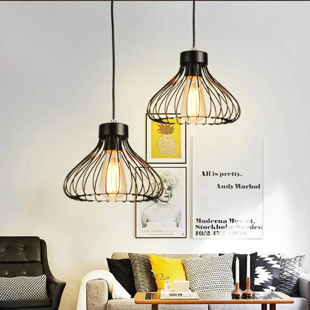 Lampe suspendue industrielle | Conception de cage en métal noir