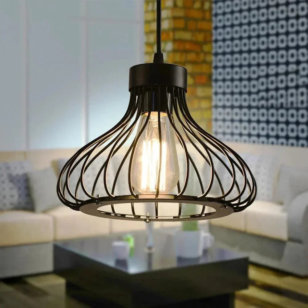 Lampe suspendue industrielle | Conception de cage en métal noir