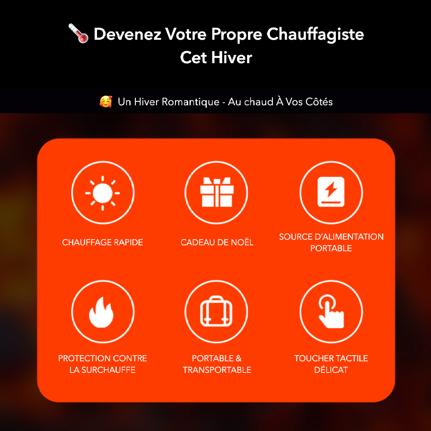 Chauffe main léger et rechargeable, aspect flamme avec chauffe rapide - 3 niveaux, chargeur USB-C, batterie externe de 2000 mAh lithium