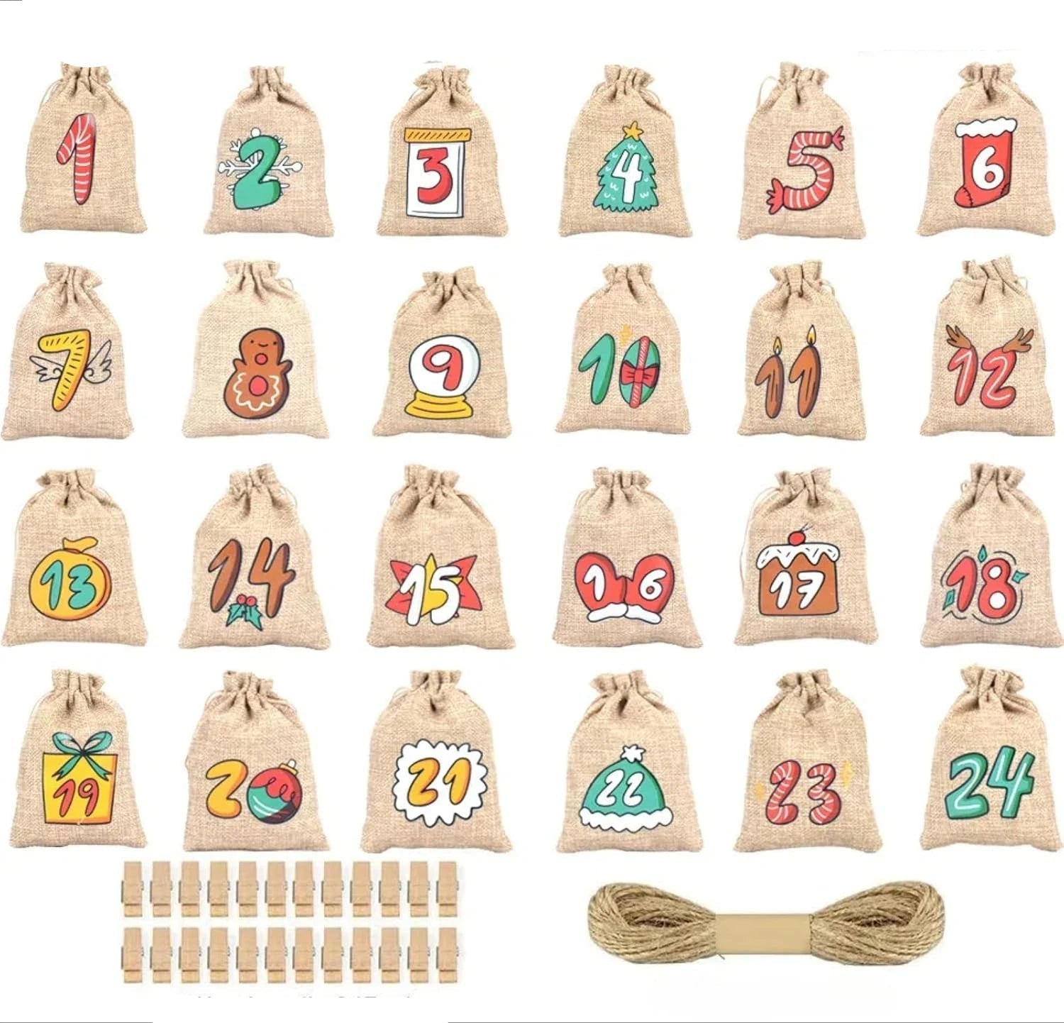 Calendrier de l'Avent de Noël | 24 sacs à cordon en jute avec clips