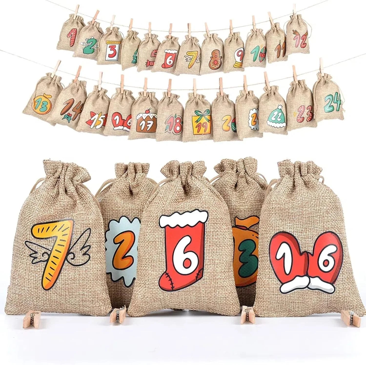 Calendrier de l'Avent de Noël | 24 sacs à cordon en jute avec clips