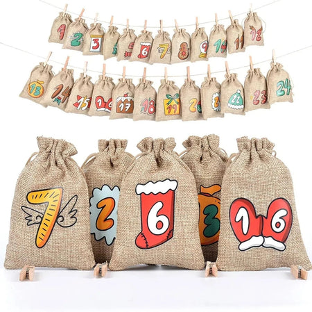 Calendrier de l'Avent de Noël | 24 sacs à cordon en jute avec clips