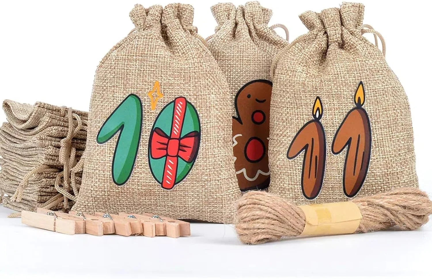 Calendrier de l'Avent de Noël | 24 sacs à cordon en jute avec clips