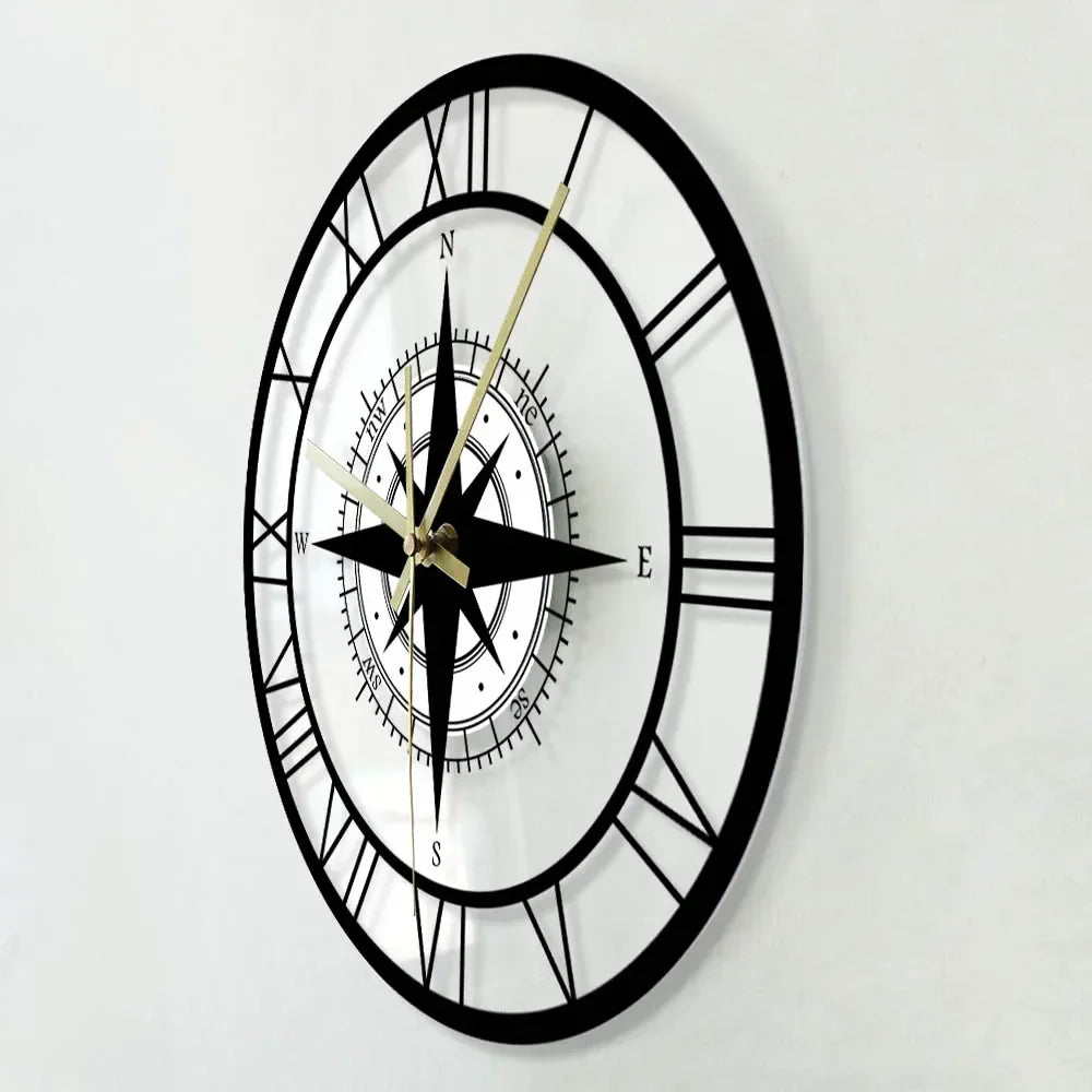 Horloge murale boussole nautique vintage avec mouvement silencieux