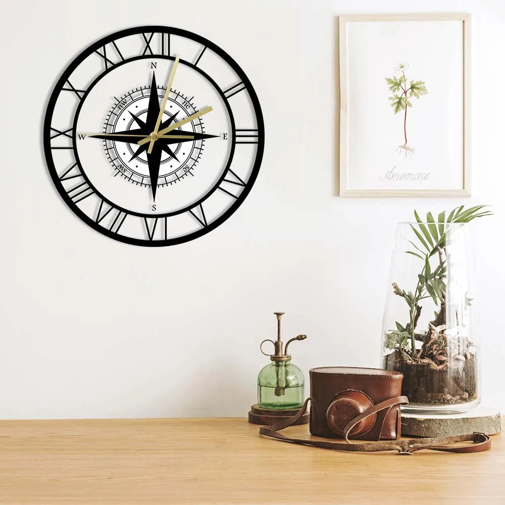 Horloge murale boussole nautique vintage avec mouvement silencieux