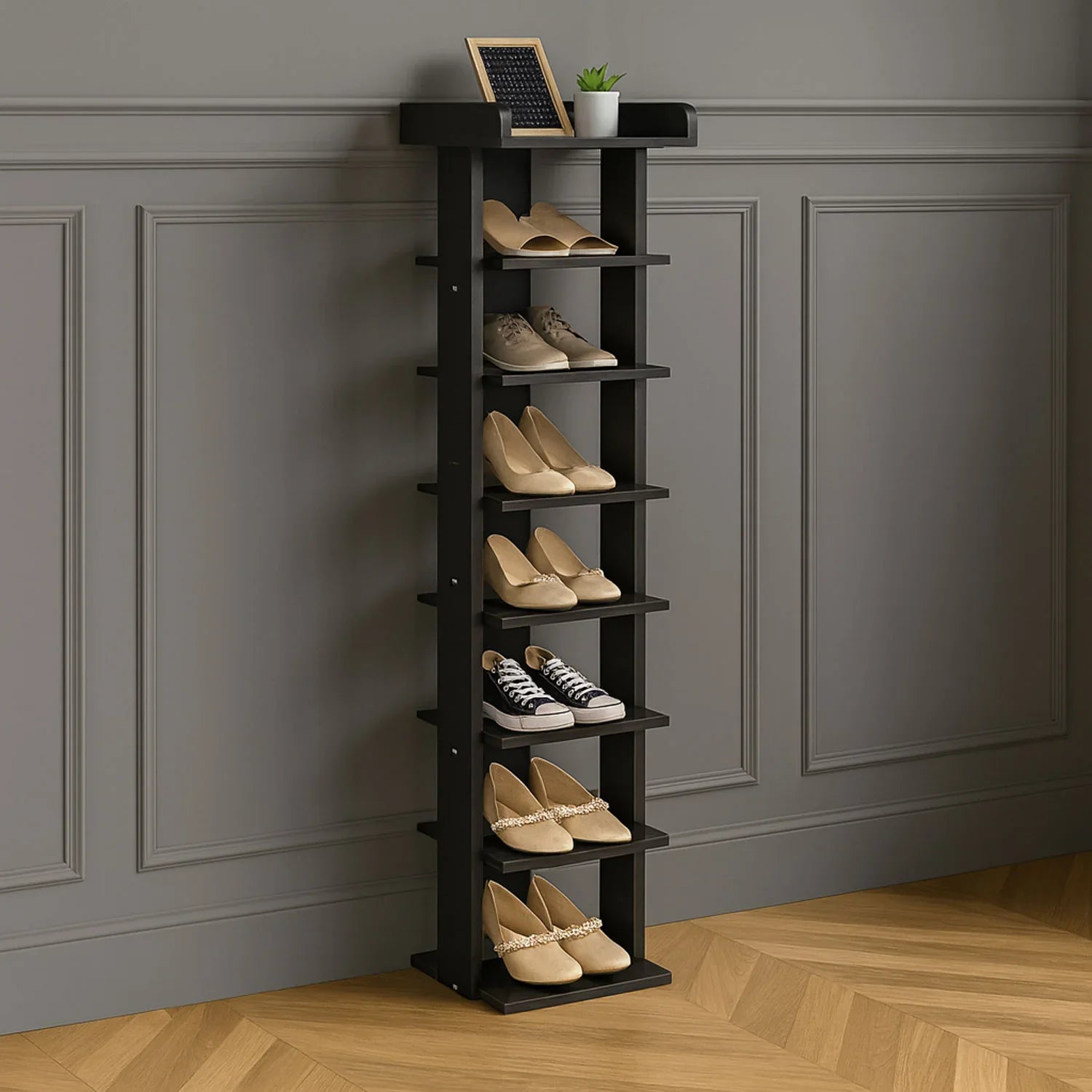 Neo Étagère à Chaussures 7 Niveaux Slim – Bois Noir