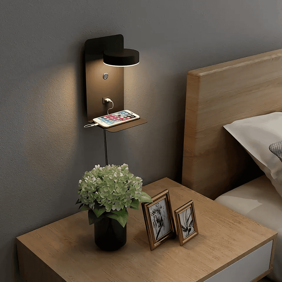 Applique murale moderne | Lampe de chevet LED avec étagère de chargement USB