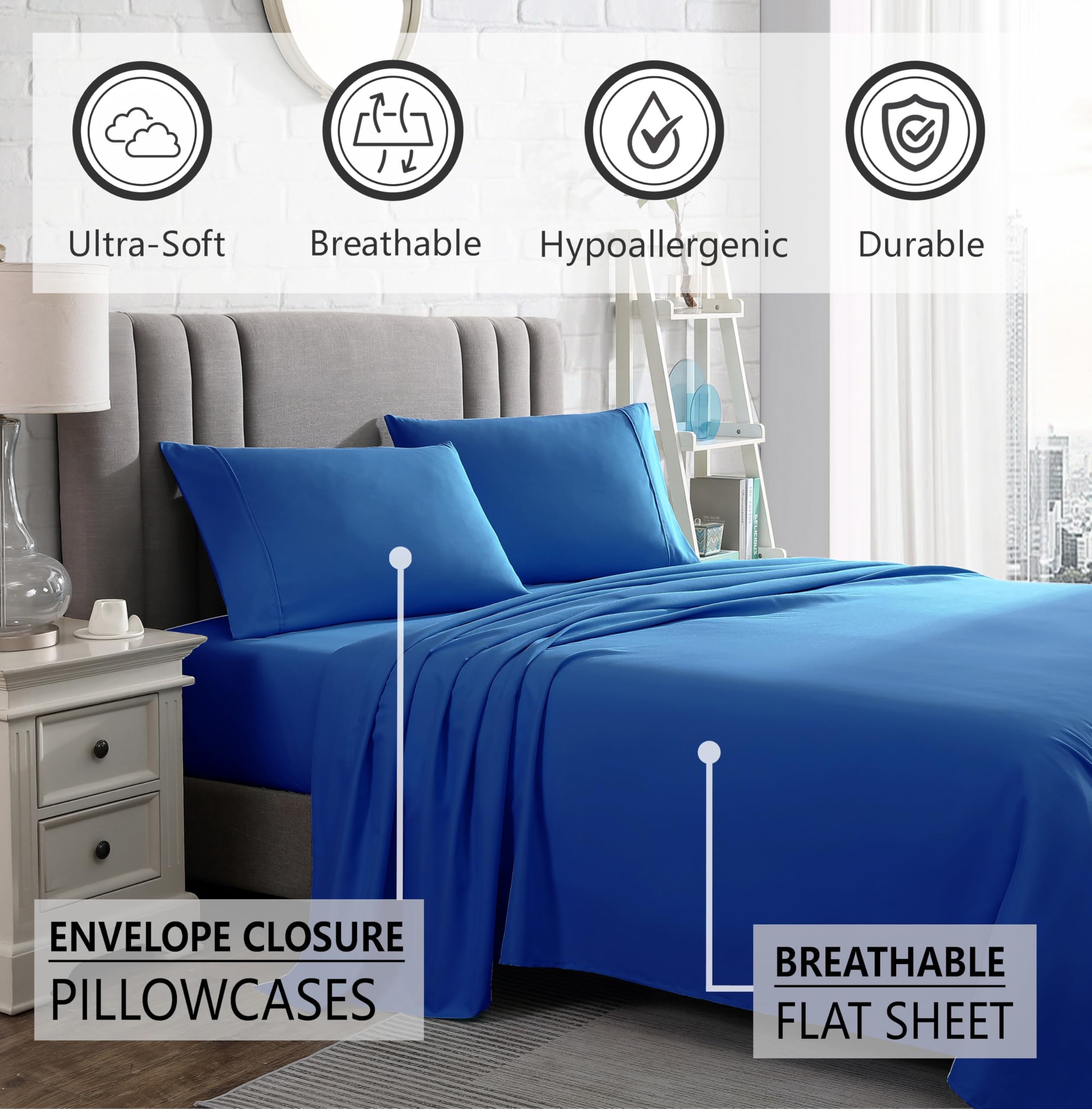 Ensemble de literie Queen luxueux | Tissu polyester rafraîchissant pour un confort ultime | Collection 4 pièces pour un sommeil détendu