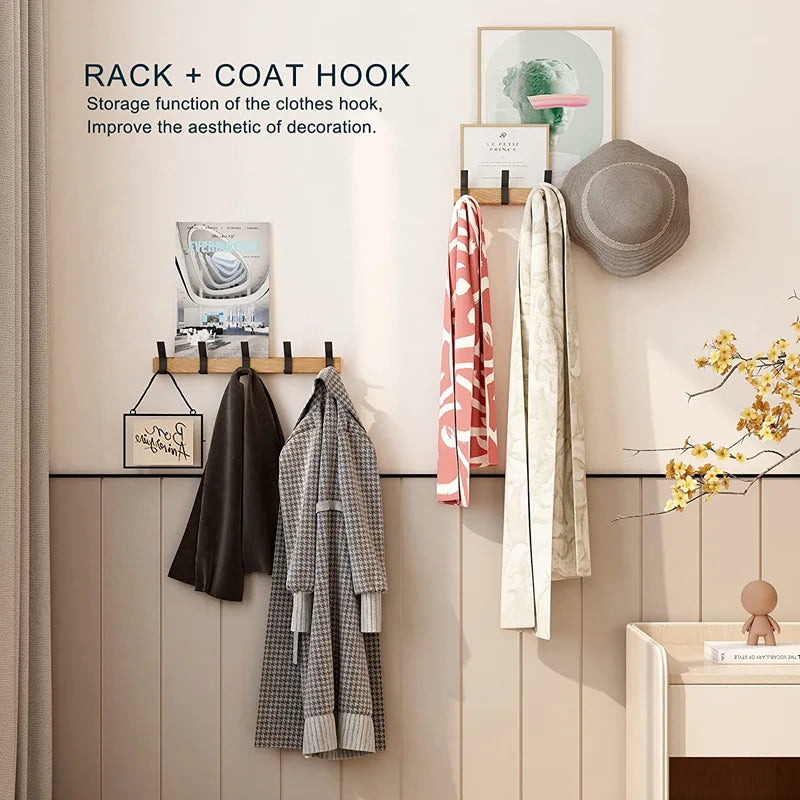 Porte-manteau mural HaakFlex avec 5 crochets doubles réglables, bois d'hévéa et aluminium, finition noire, design scandinave