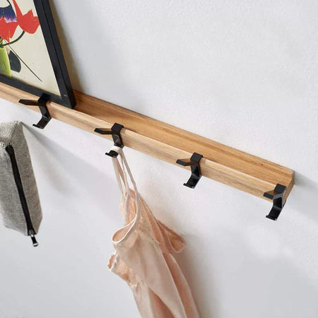 Porte-manteau mural HaakFlex avec 5 crochets doubles réglables, bois d'hévéa et aluminium, finition noire, design scandinave