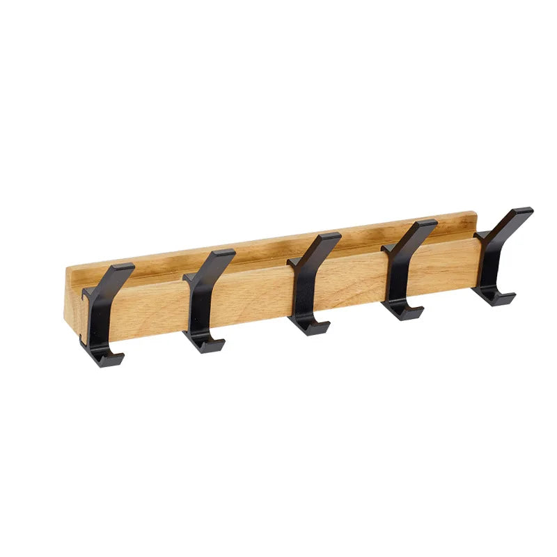 Porte-manteau mural HaakFlex avec 5 crochets doubles réglables, bois d'hévéa et aluminium, finition noire, design scandinave