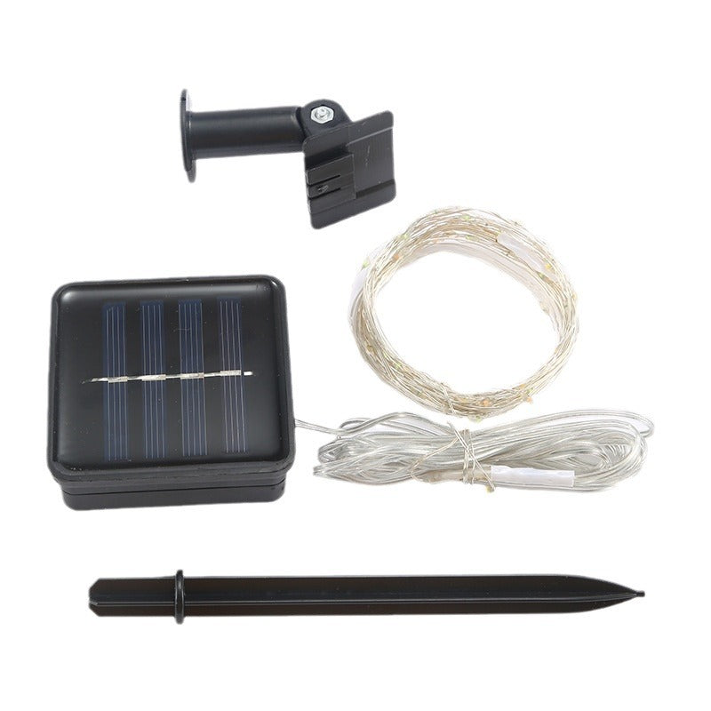 Guirlande lumineuse solaire d'extérieur en fil de cuivre avec boîtier de batterie rechargeable et piquet de terre