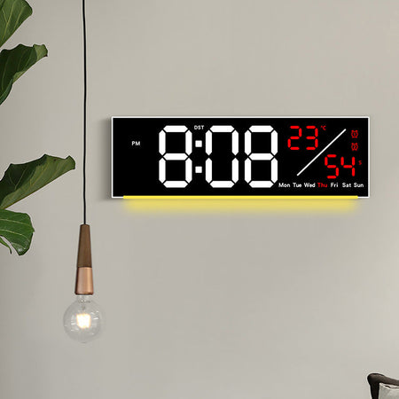 Horloge murale numérique, écran LED rouge, affichage de la température en °C et du jour de la semaine, mode économie d'énergie, design élégant