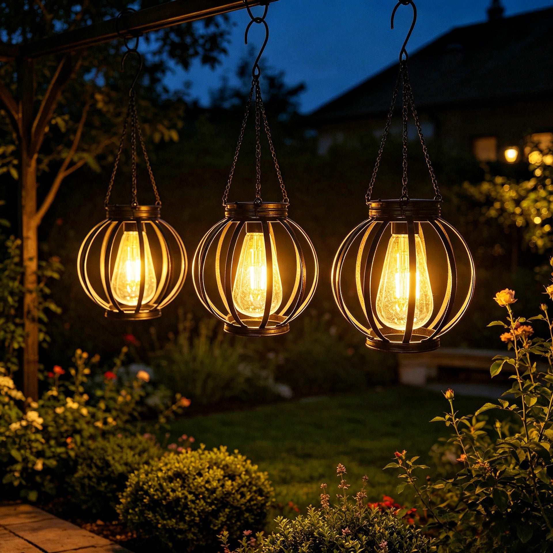 Lampe suspendue d'extérieur en forme de cage en métal avec chaîne réglable et LED à filament vintage