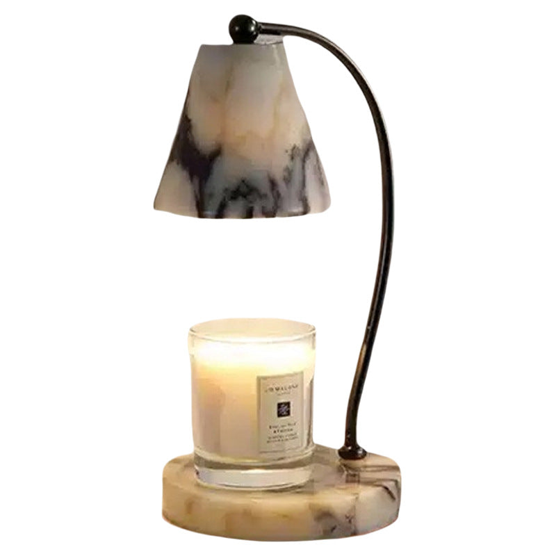 Lampe de chevet en marbre avec porte-bougie intégré et bras en métal courbé
