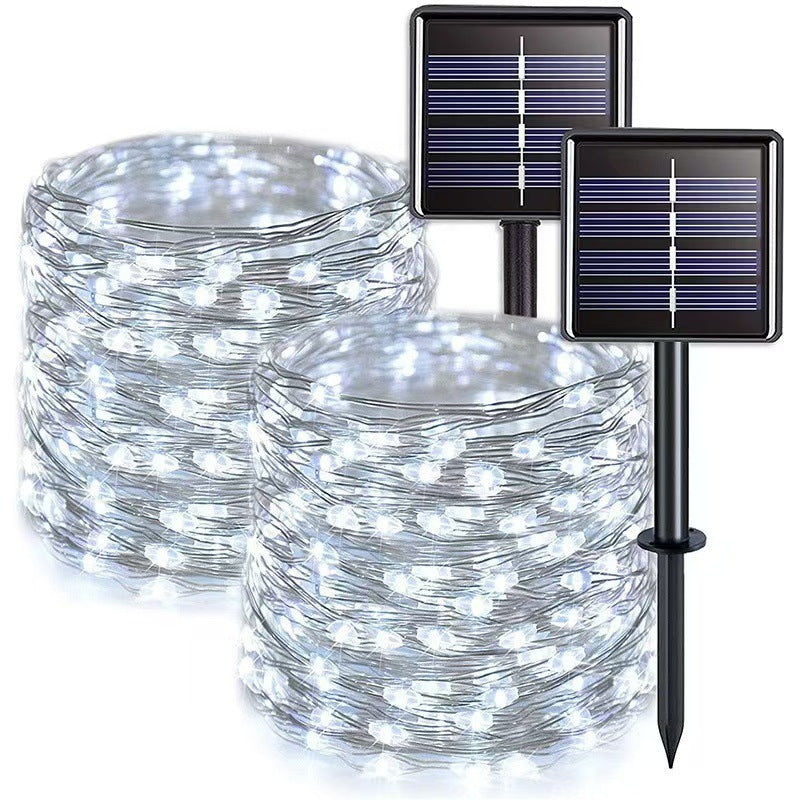 Guirlande lumineuse solaire en fil de cuivre avec panneaux à double piquet