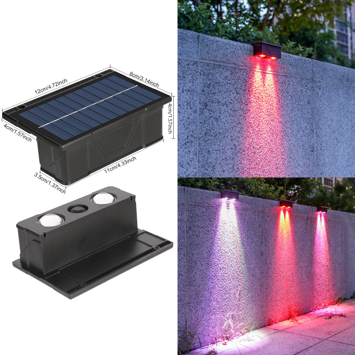 Applique murale extérieure solaire RVB à double faisceau avec panneau solaire intégré et base de montage résistante aux intempéries