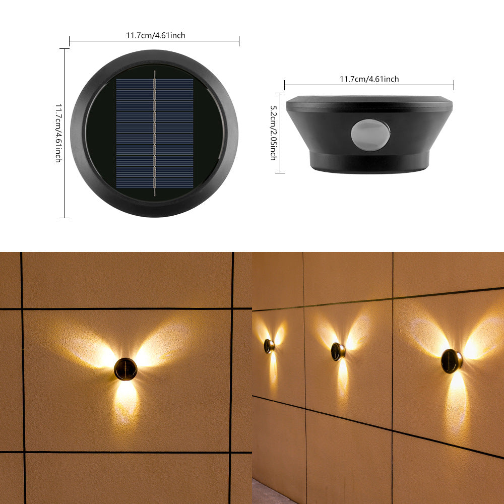 Applique murale solaire ronde avec applique murale extérieure décorative LED à quatre faisceaux et boîtier résistant aux intempéries