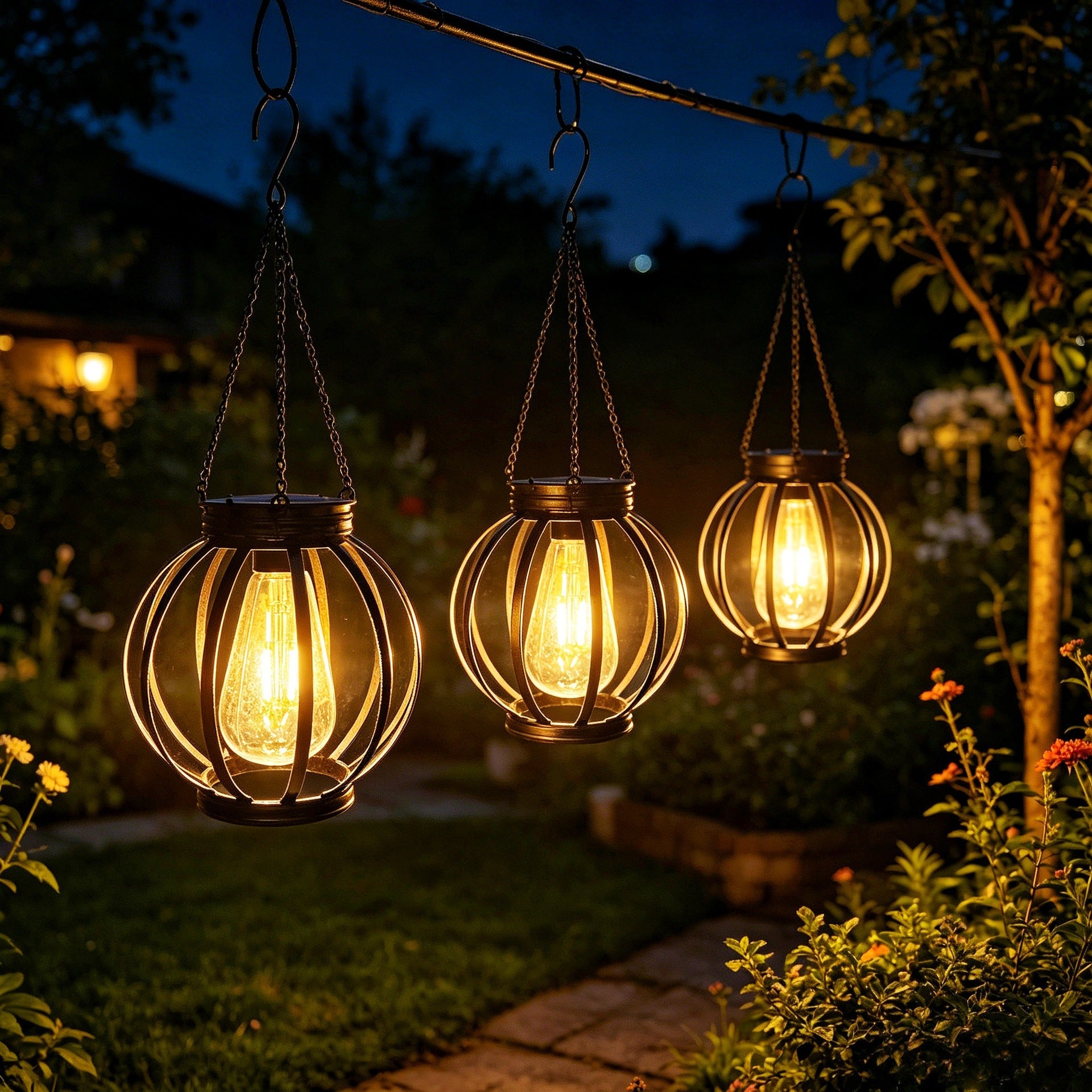 Lampe suspendue d'extérieur en forme de cage en métal avec chaîne réglable et LED à filament vintage