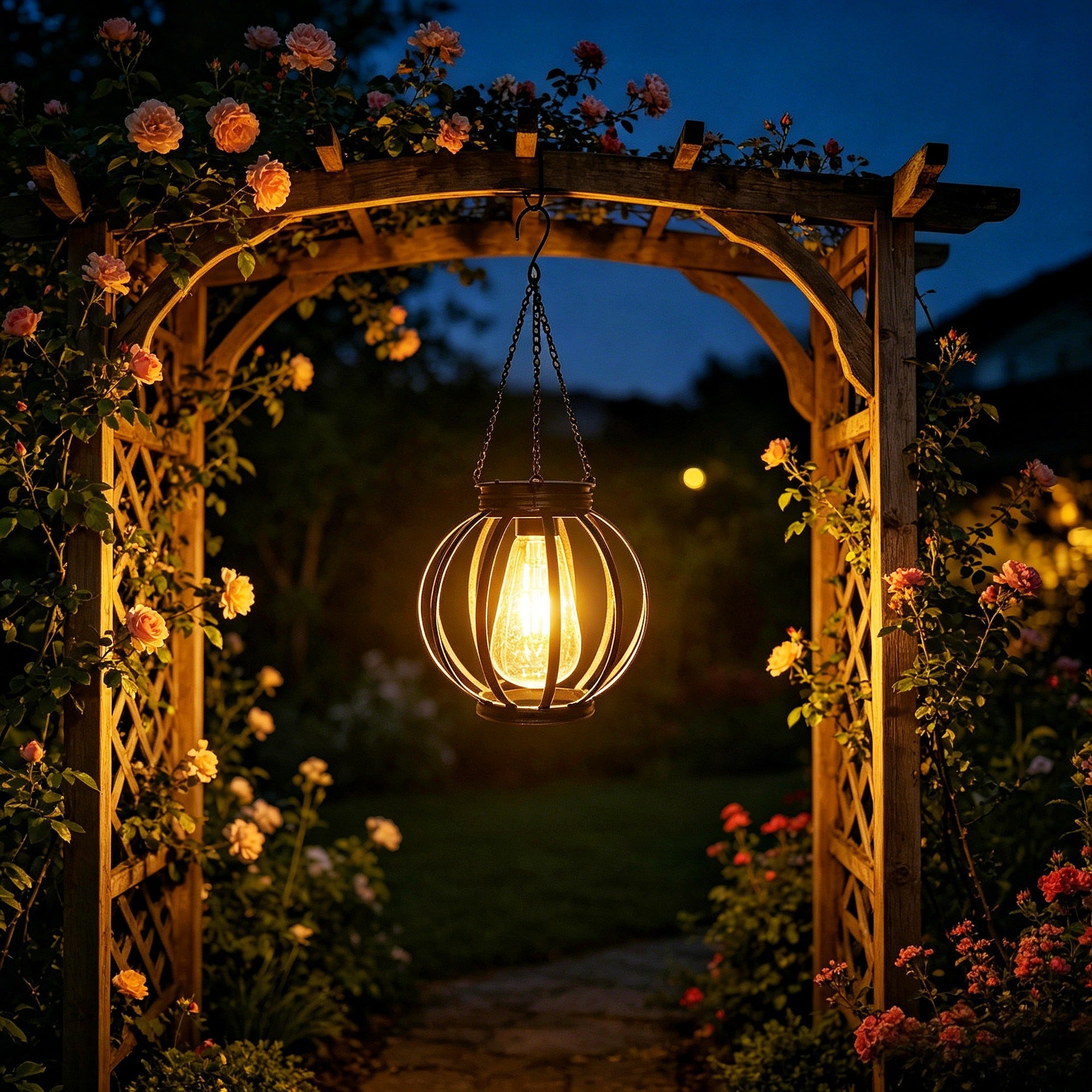 Lampe suspendue d'extérieur en forme de cage en métal avec chaîne réglable et LED à filament vintage