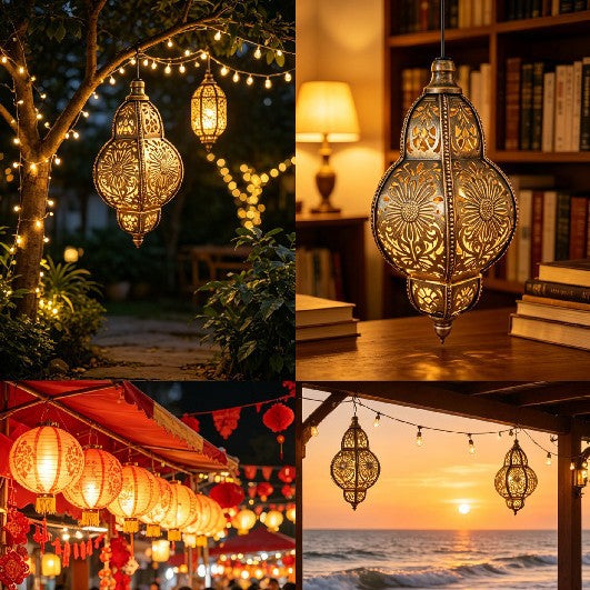 Lampe suspendue marocaine en métal sculpté avec projection d'ombre décorative et auvent