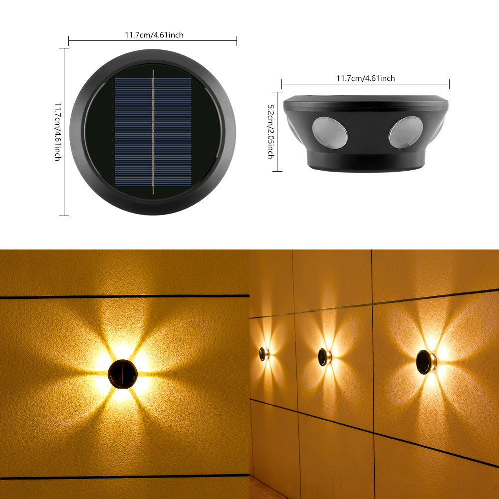 Applique murale solaire ronde avec applique murale extérieure décorative LED à quatre faisceaux et boîtier résistant aux intempéries