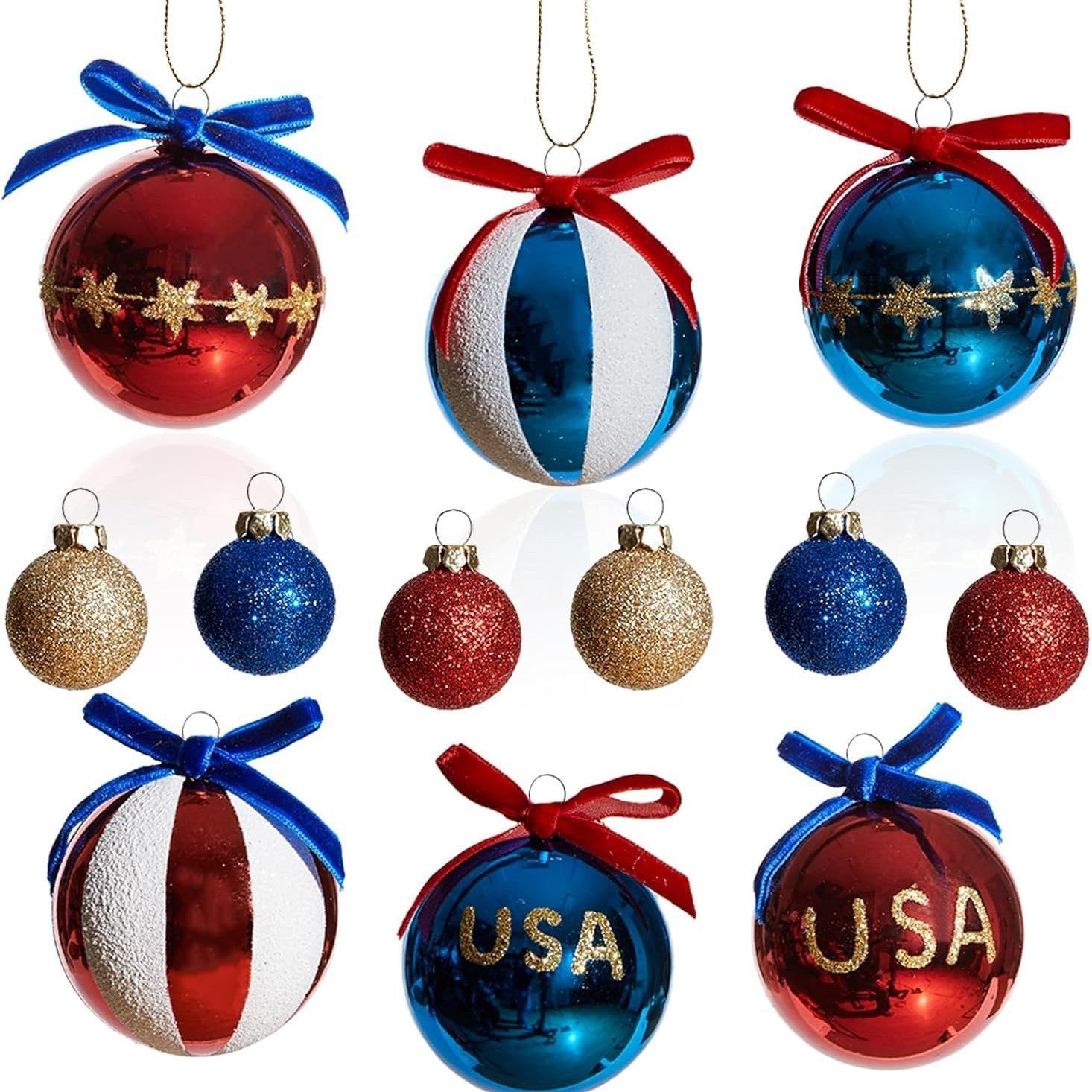 Set de boules de Noël patriotique unisexe, surfaces pailletées et miroir, suspensions à nœud, incassables en plastique