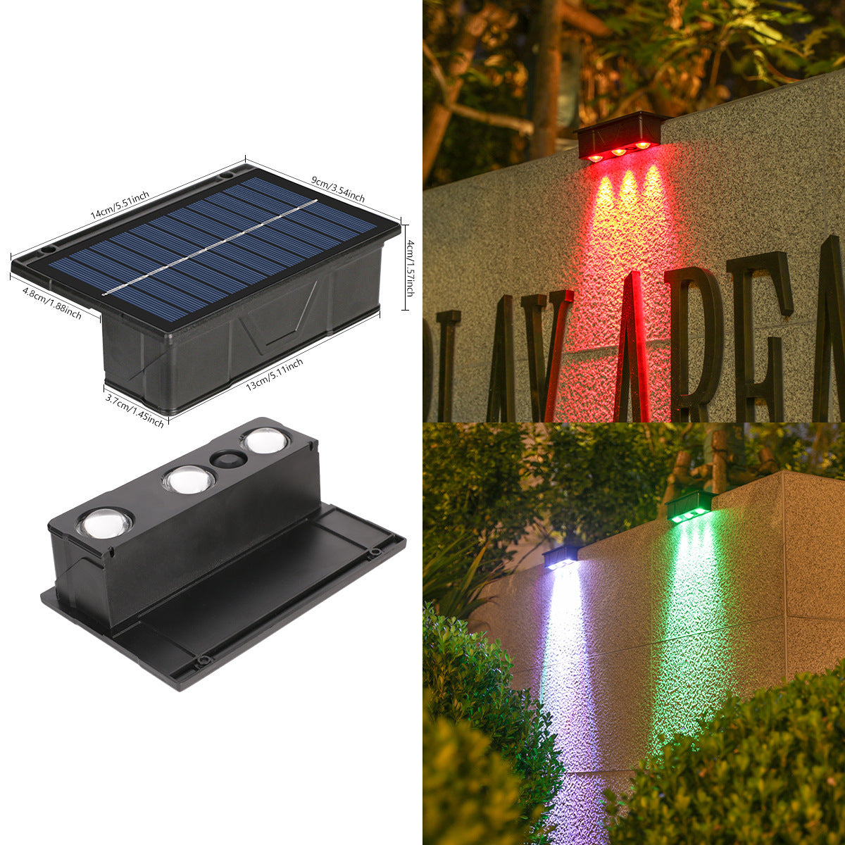 Applique murale extérieure solaire RVB à double faisceau avec panneau solaire intégré et base de montage résistante aux intempéries