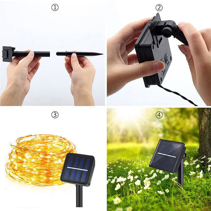 Guirlande lumineuse solaire en fil de cuivre avec panneaux à double piquet