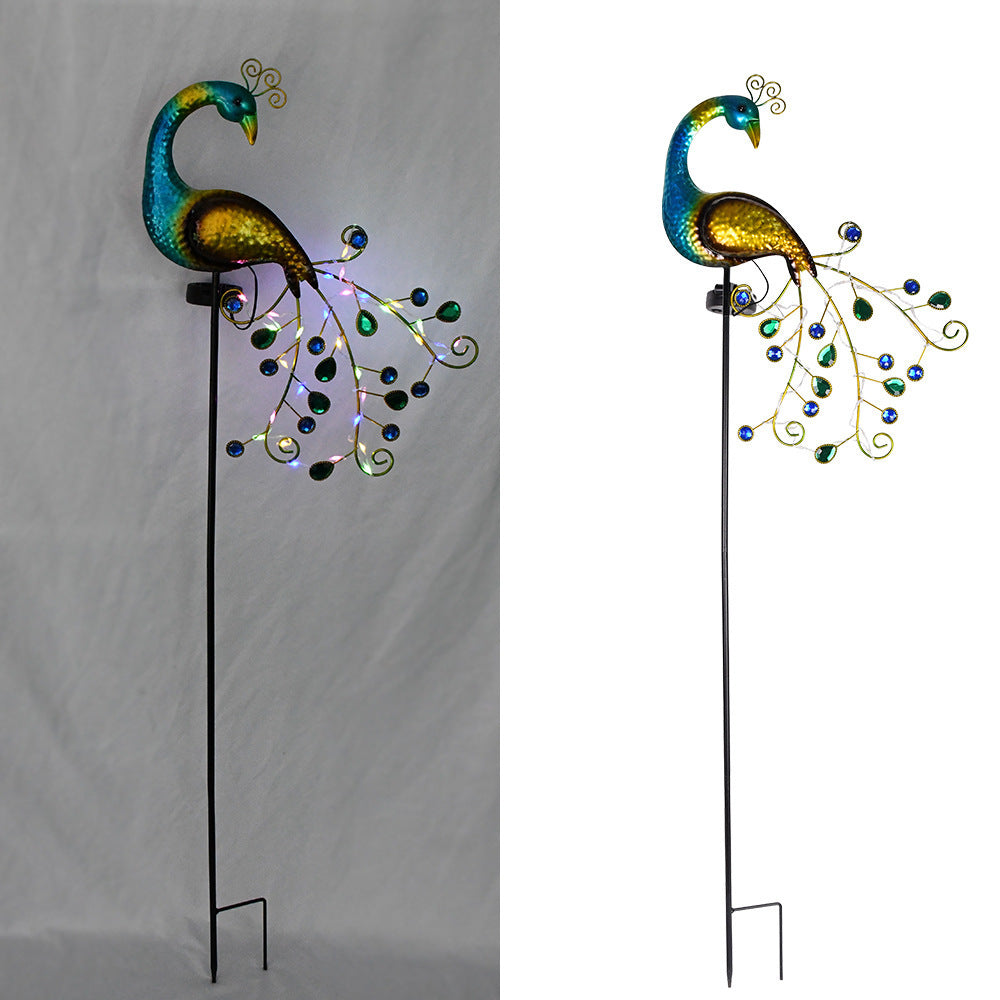 Sculpture décorative en métal de paon sur piquet de jardin avec guirlande lumineuse LED intégrée et piquet extérieur résistant aux intempéries