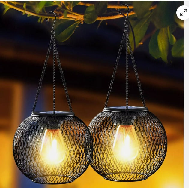 Lampes d'extérieur suspendues solaires avec ampoule à filament LED de style vintage et suspension étanche en cage métallique