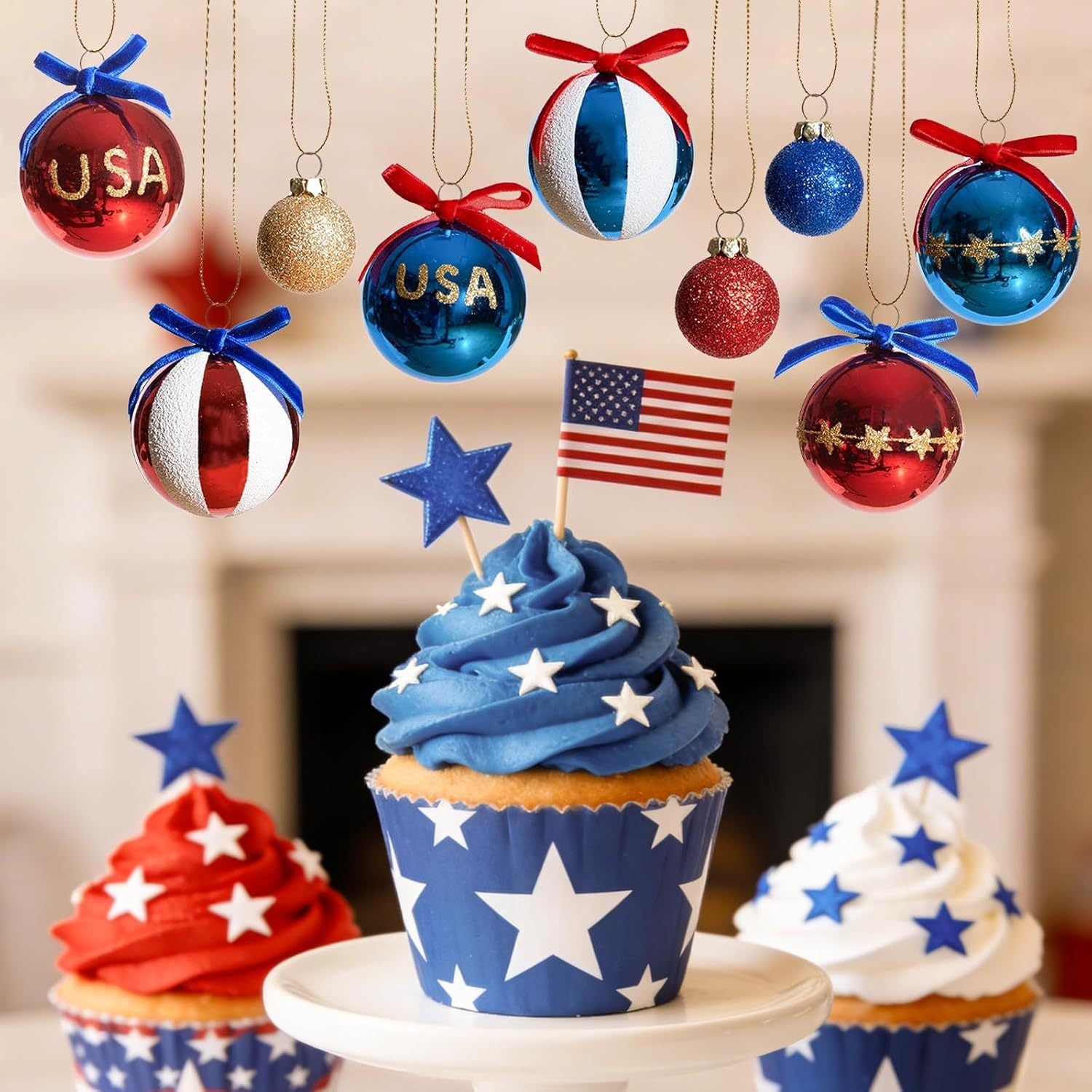 Set de boules de Noël patriotique unisexe, surfaces pailletées et miroir, suspensions à nœud, incassables en plastique