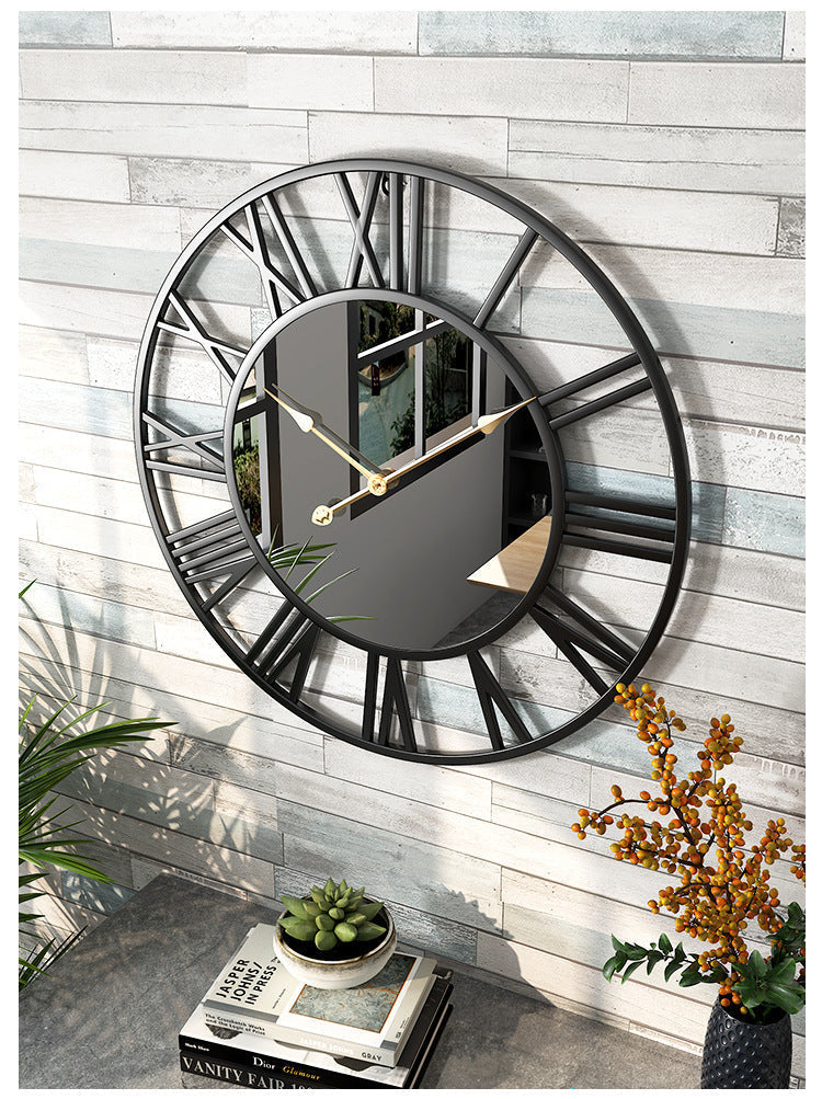 Grande horloge murale vintage en métal avec miroir 39 cm