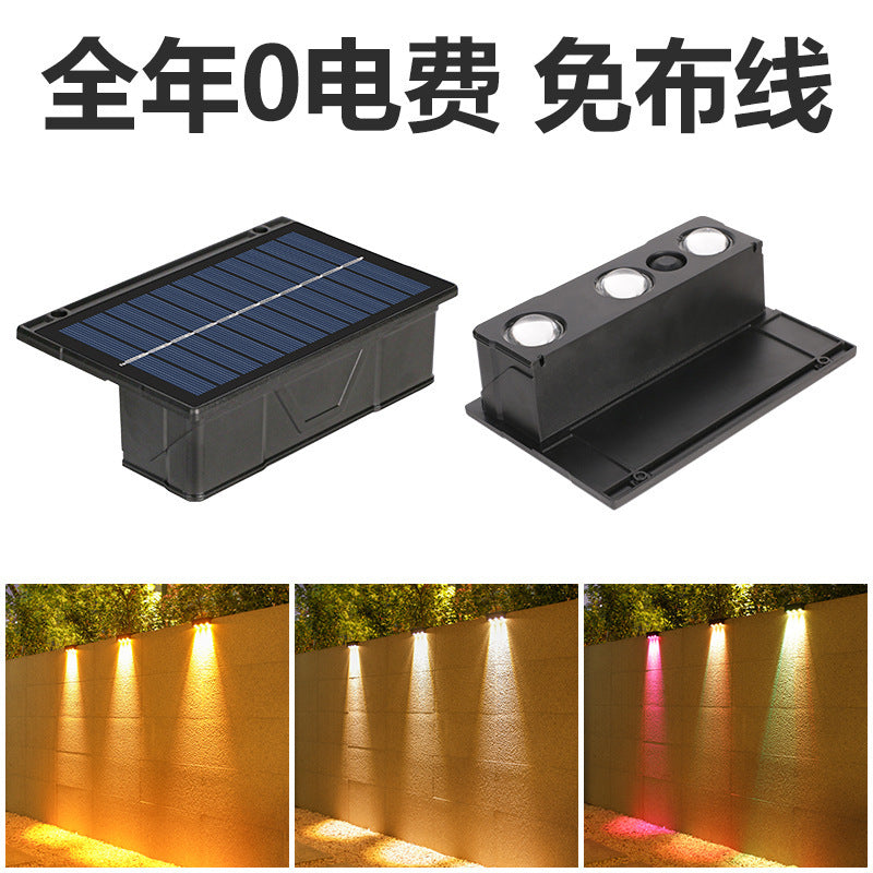 Applique murale extérieure solaire RVB à double faisceau avec panneau solaire intégré et base de montage résistante aux intempéries