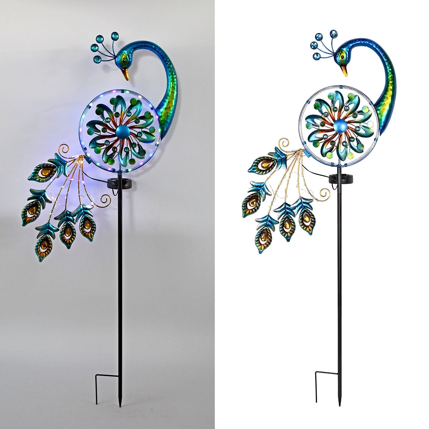 Sculpture décorative en métal de paon sur piquet de jardin avec guirlande lumineuse LED intégrée et piquet extérieur résistant aux intempéries