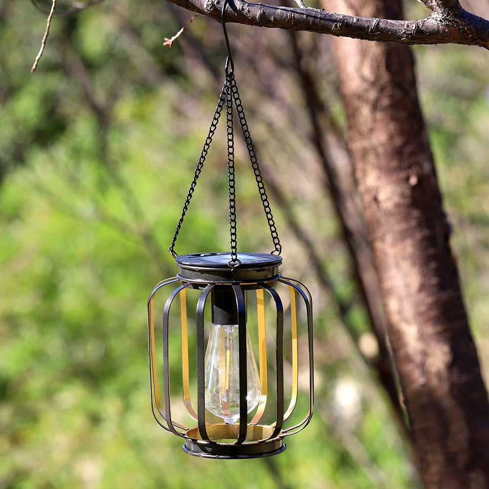 Lampes d'extérieur suspendues solaires avec ampoule à filament LED de style vintage et suspension étanche en cage métallique