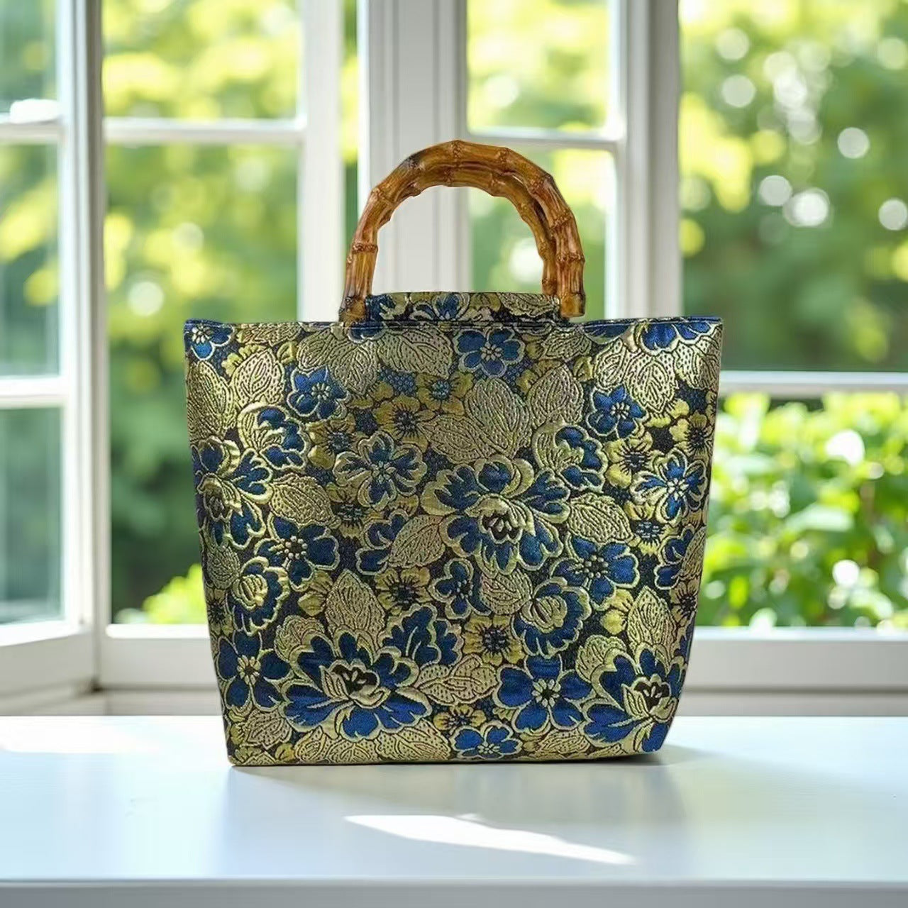 Sac à main élégant à motif floral avec poignées en bambou