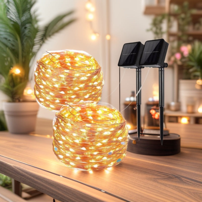 Guirlande lumineuse solaire d'extérieur en fil de cuivre avec boîtier de batterie rechargeable et piquet de terre