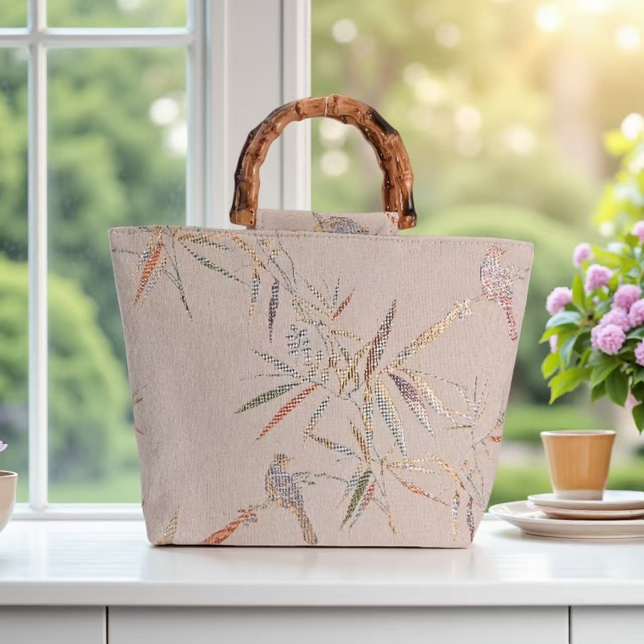 Sac à main tendance en tissu à poignées en bambou