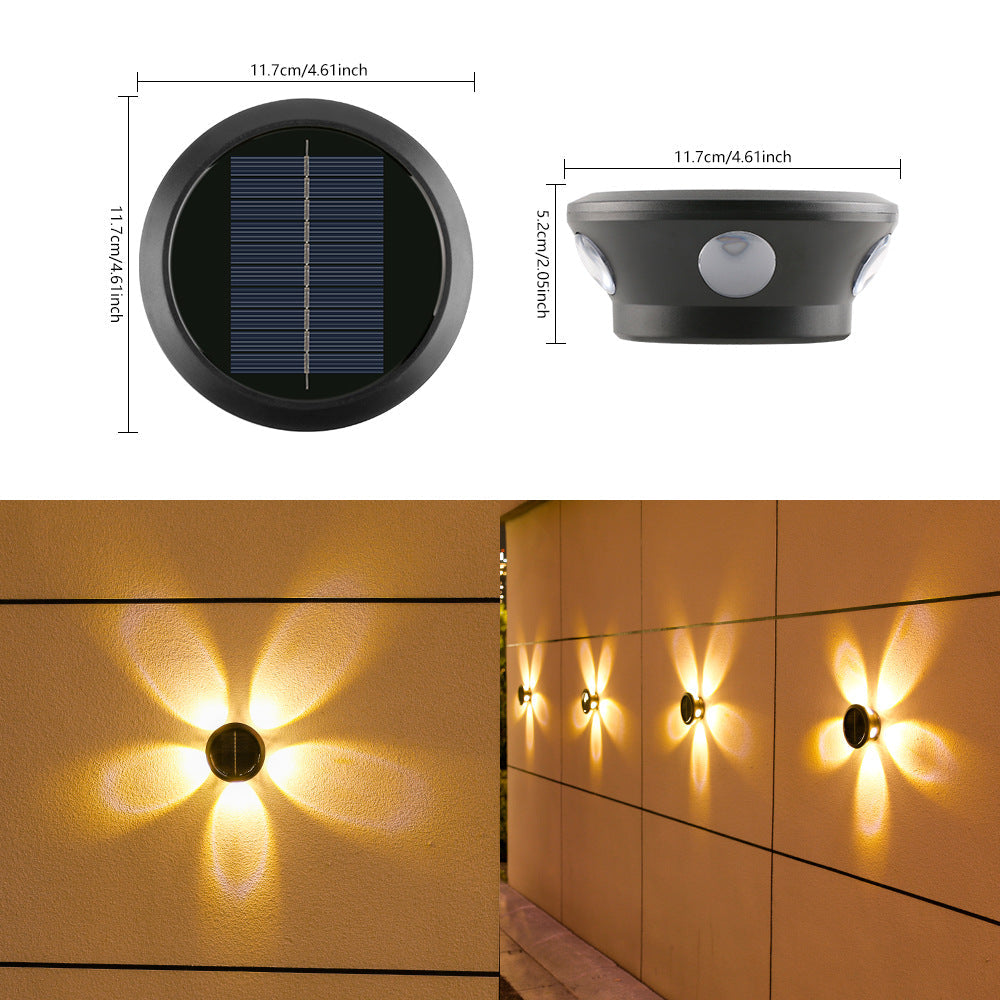Applique murale solaire ronde avec applique murale extérieure décorative LED à quatre faisceaux et boîtier résistant aux intempéries