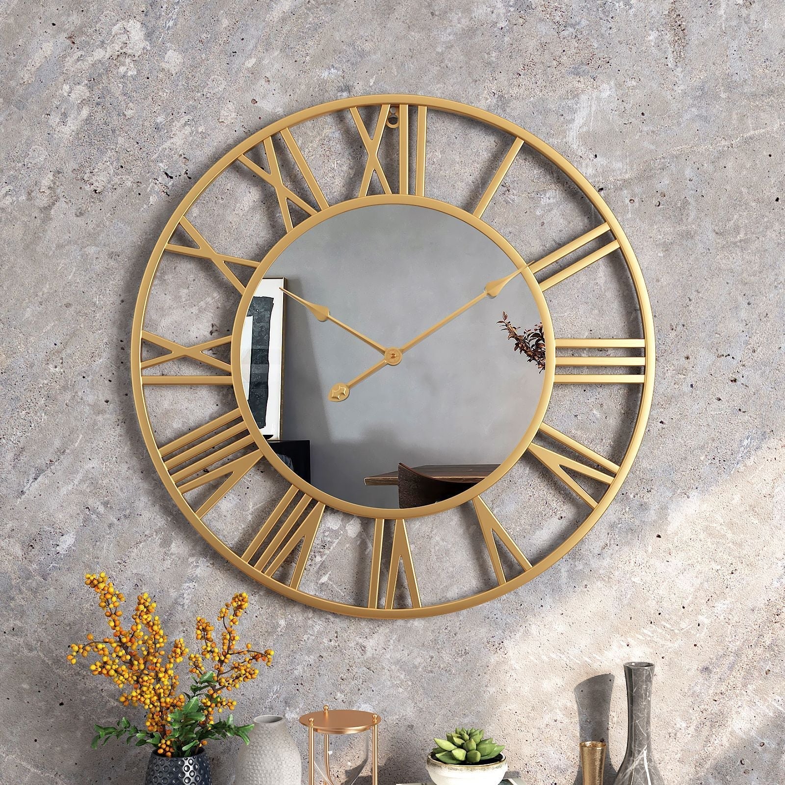 Grande horloge murale vintage en métal avec miroir 39 cm