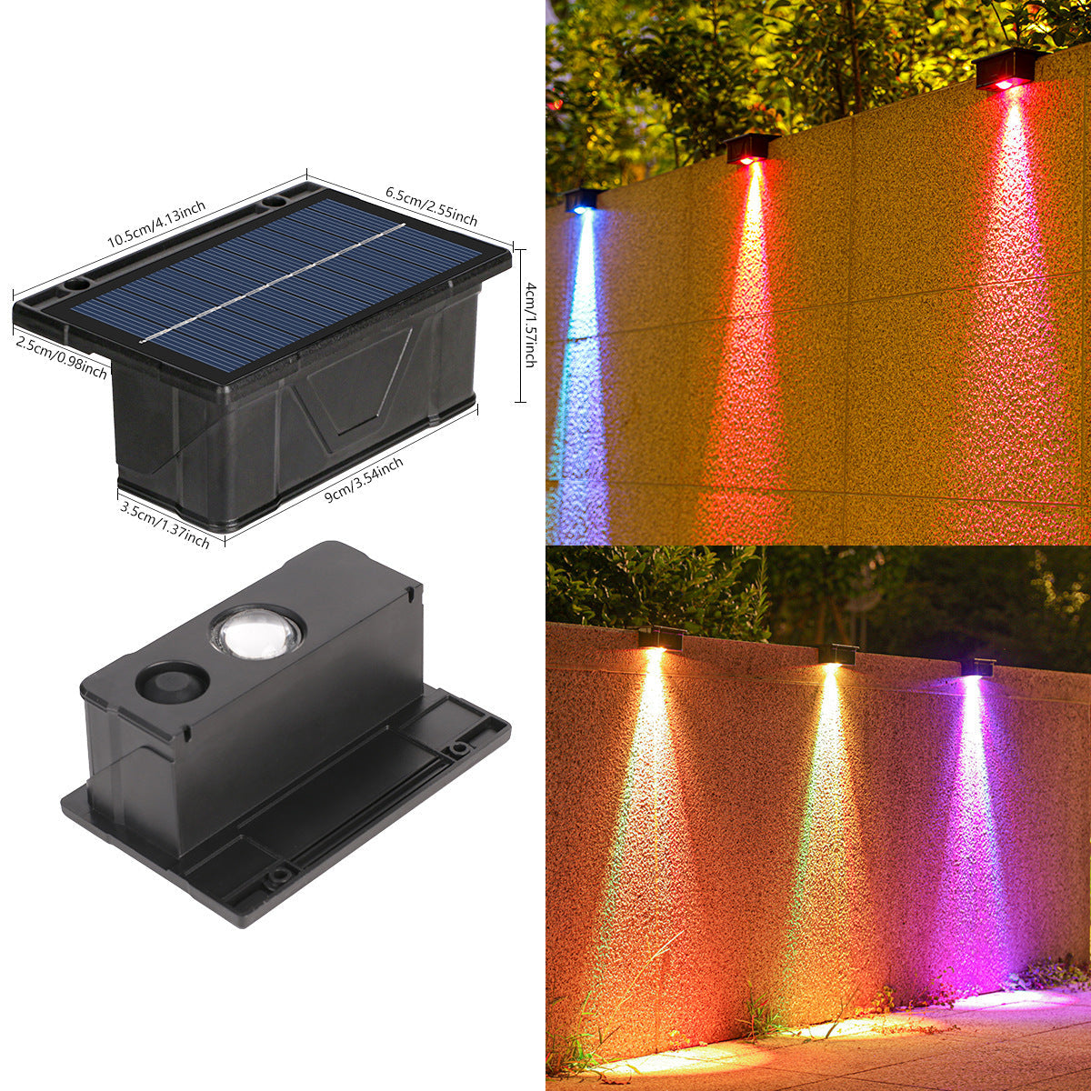 Applique murale extérieure solaire RVB à double faisceau avec panneau solaire intégré et base de montage résistante aux intempéries