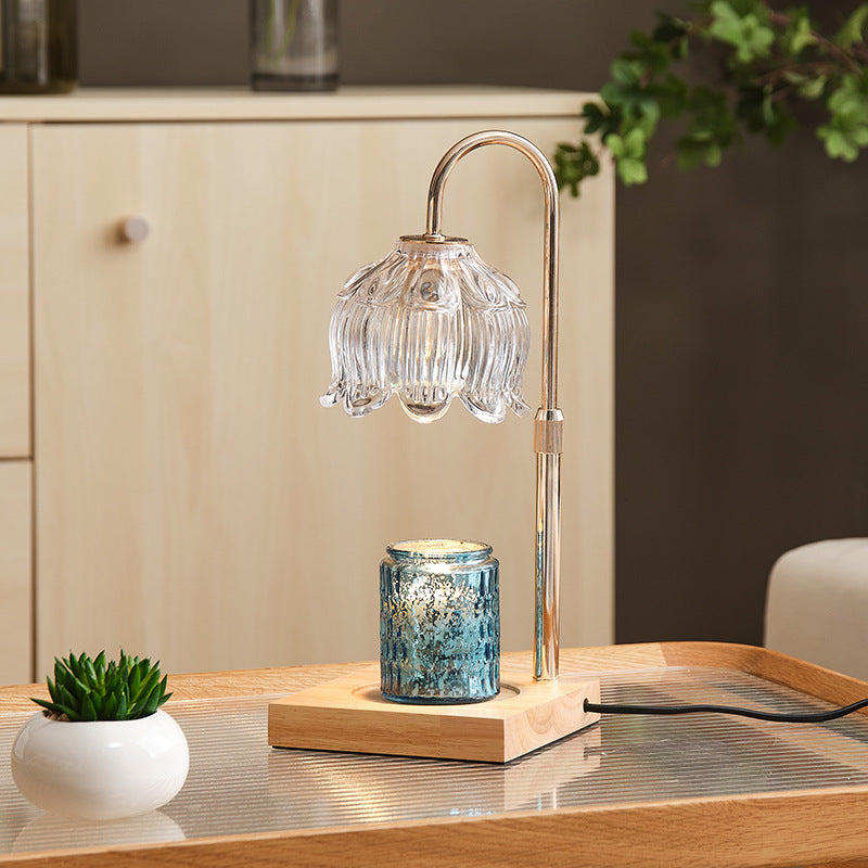 Lampe de bureau artisanale réglable en verre et bois