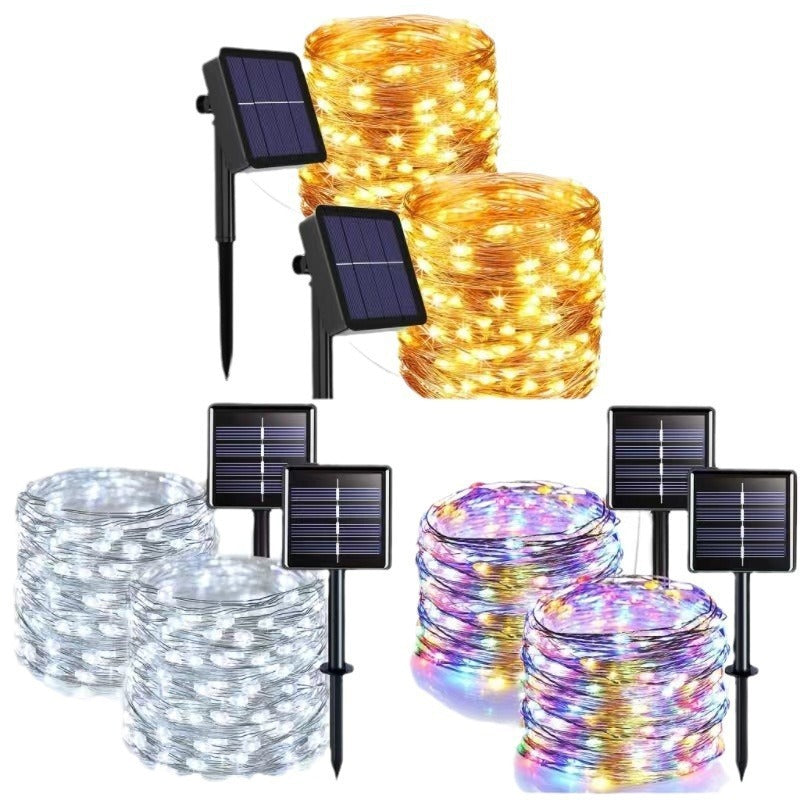 Guirlande lumineuse solaire en fil de cuivre avec panneaux à double piquet
