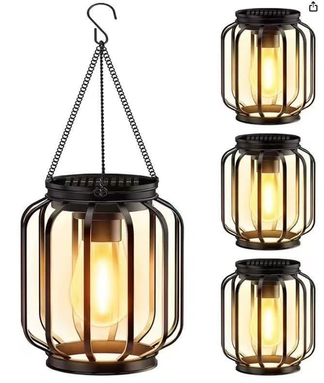 Lampes d'extérieur suspendues solaires avec ampoule à filament LED de style vintage et suspension étanche en cage métallique