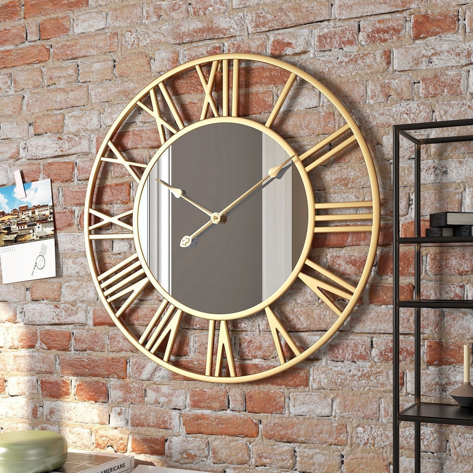 Grande horloge murale vintage en métal avec miroir 39 cm