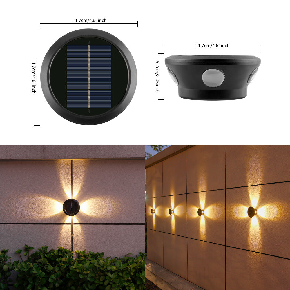 Applique murale solaire ronde avec applique murale extérieure décorative LED à quatre faisceaux et boîtier résistant aux intempéries